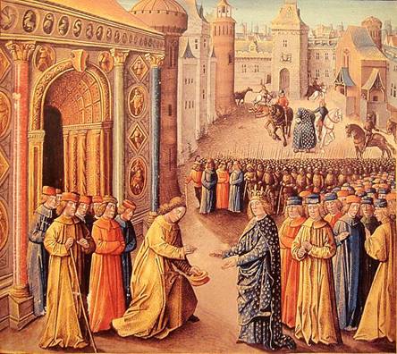 Raymond of Poitiers welcomes Louis VII to Antioch, 25 March, 1148 CE,  by Jean Colombe and Sebastian Mamerot,  from Passages d